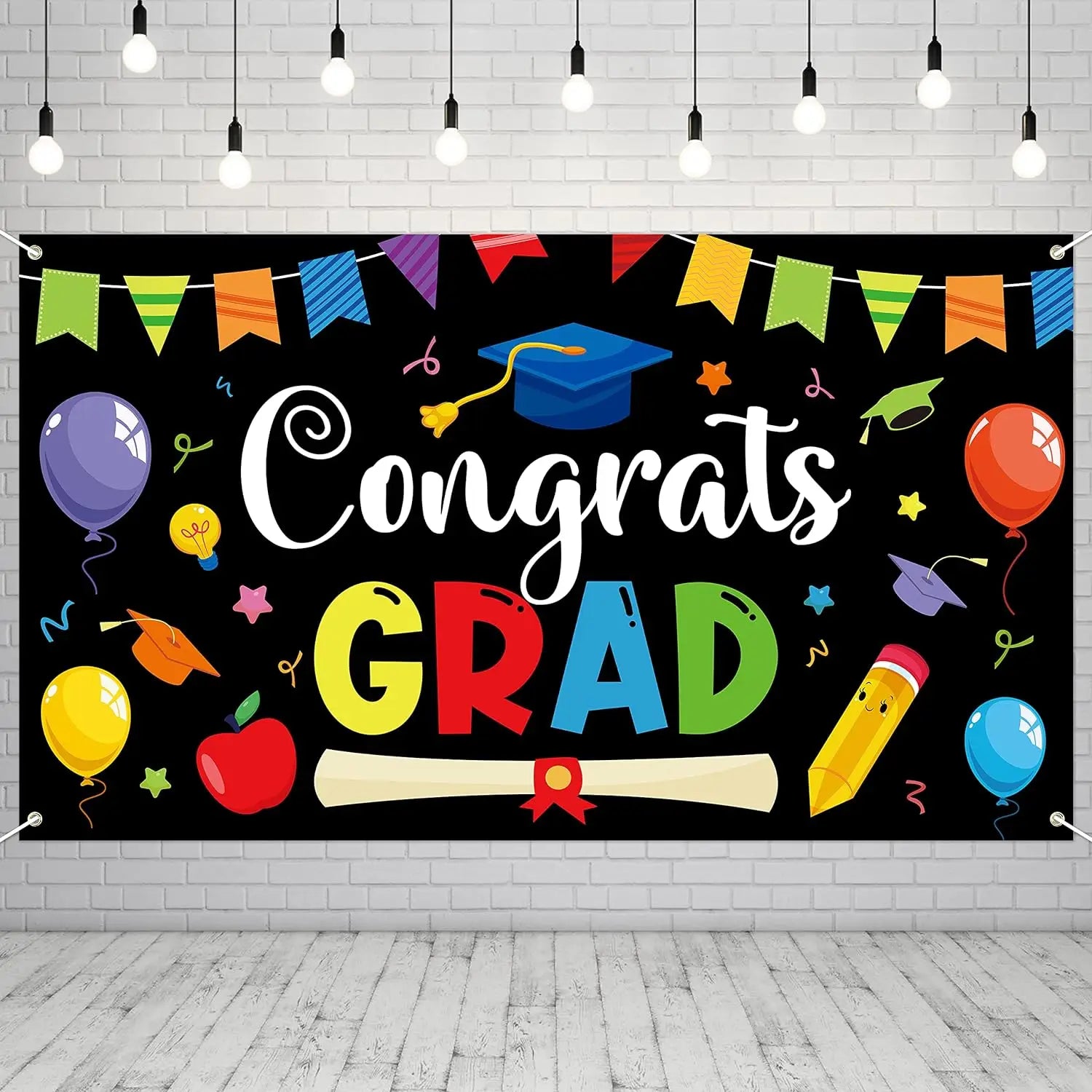 graduation congrats grad banner with images of balloons, caps and apples on it with black background