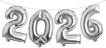 Silver '2026' balloon set on a string