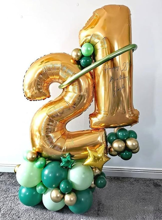 birthday balloon bouquet of air filled 21 in gold for 21st birthday with gold green balloons and green and gold stars