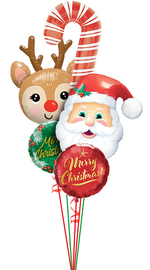 a bunch of Christmas themed balloons, candy cane, Santa, a reindeer, a red foil Merry Christmas balloon and a green foil Merry Christmas balloon