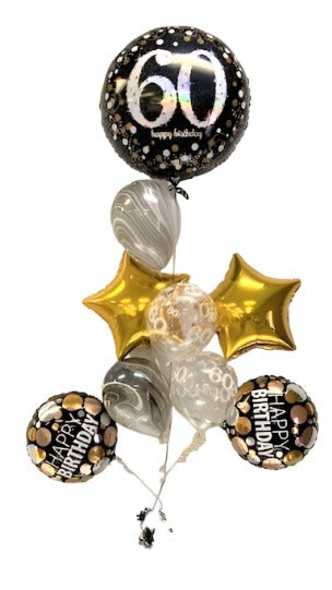 60th birthday balloon bouquet with jumbo 60 foil balloon with star balloons
