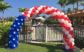 American Flag Balloon Arch red  and white stripes with blue balloons with white stars.