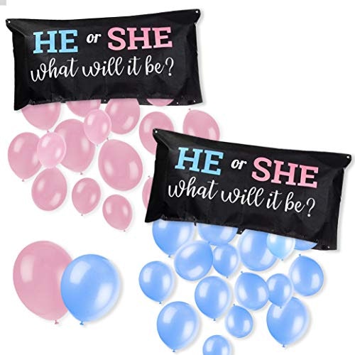 He or she gender reveal balloon drop bags with zipper bottoms exposing pink or blue balloons
