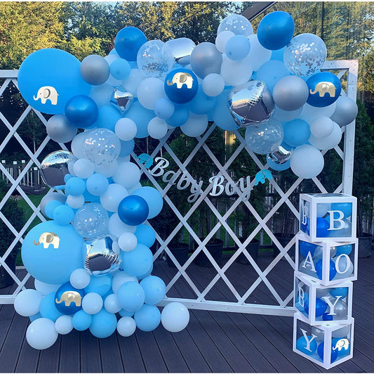 Baby Shower balloon garland shades of blue for baby boy with balloon block boxes, blue balloons inside with baby boy in white printed on outside