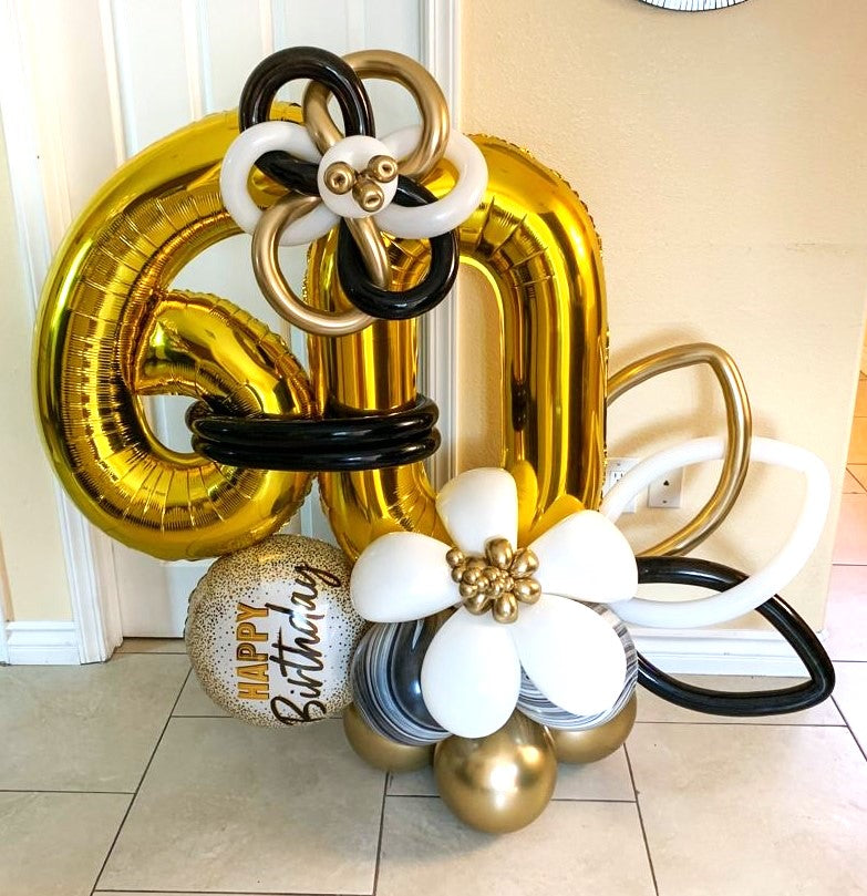 flower balloon bouquet with number balloons and happy birthday balloon with sculpted flower balloons
