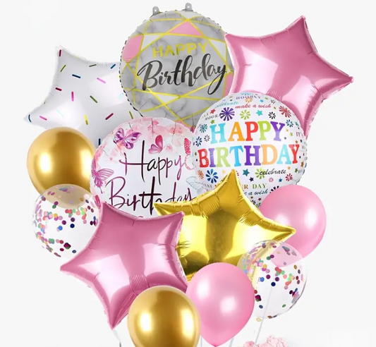 A birthday bouquet of balloons featuring round and star-shaped designs with 'Happy Birthday' text in pink, gold, and white colors.