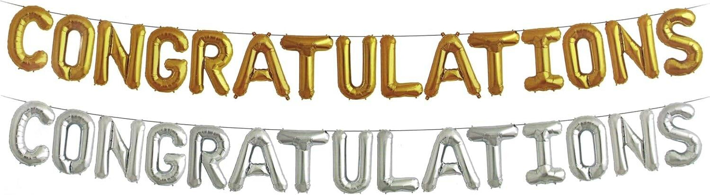 Gold and silver 'Congratulations' balloon banner made with silver and gold balloon letters banner.