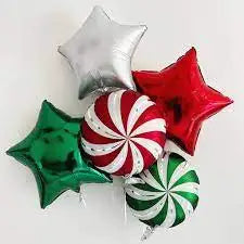 Christmas, candy and star theme in traditional Christmas colors of red, green white and silver