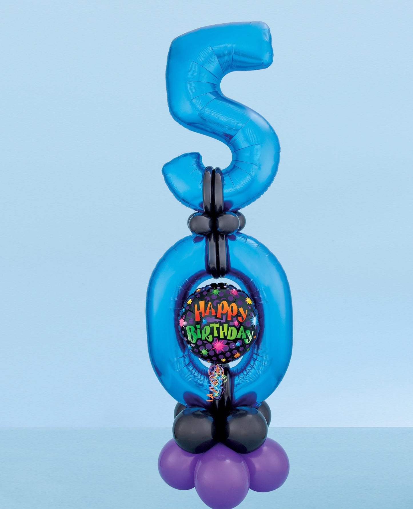 balloon tower arrangement of large foil blue number balloons and happy birthday foil balloon and small black and lavender latex balloons
