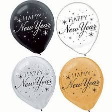 A set of four latex balloons in different colors: black, clear, gold, and silver, each with 'Happy New Year' printed in a circular, star-filled font.