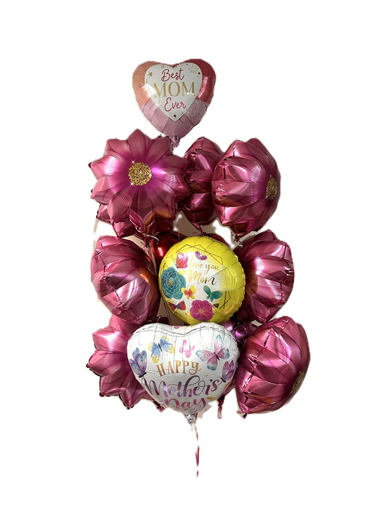 Mothers Day helium balloon bouquet mylar flower balloons with Happy Mothers Day, Love you mom and best mom ever balloons 