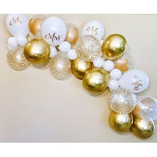 Mr. & Mrs. Organic wedding Bridal Balloon Garland white with Mr. and Mrs. print with chrome gold, confetti gold balloons with small white accent balloons.