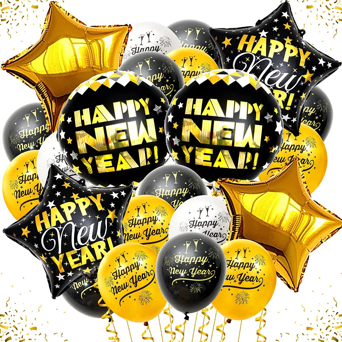 new year balloons black gold and white