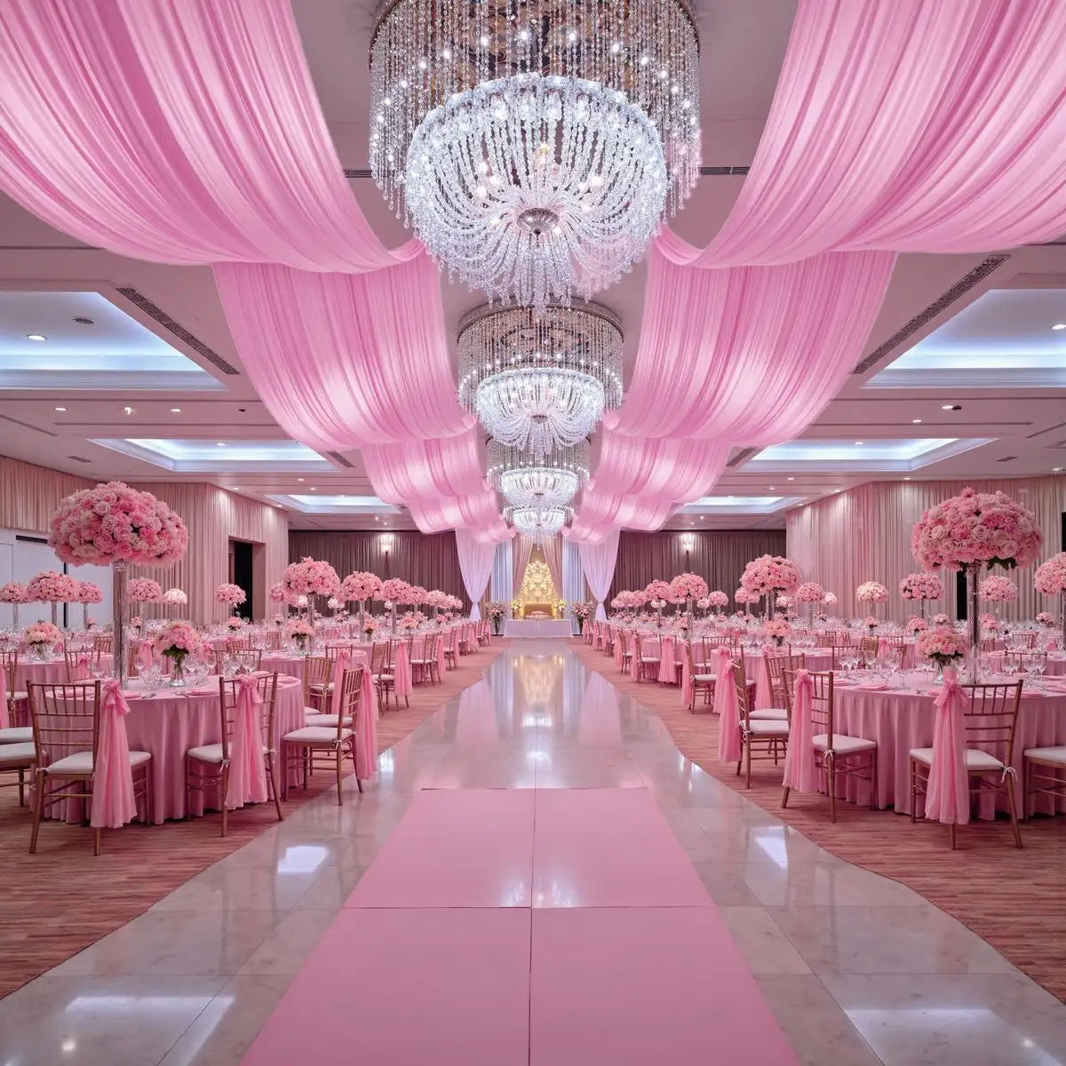 Pink draped fabric hangs from the ceiling in a grand wedding hall.