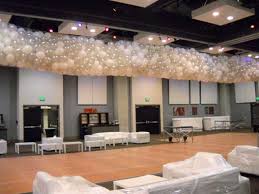 balloon drop, ceiling release set up in hotel ballroom of 1000 white, clear and silver balloons