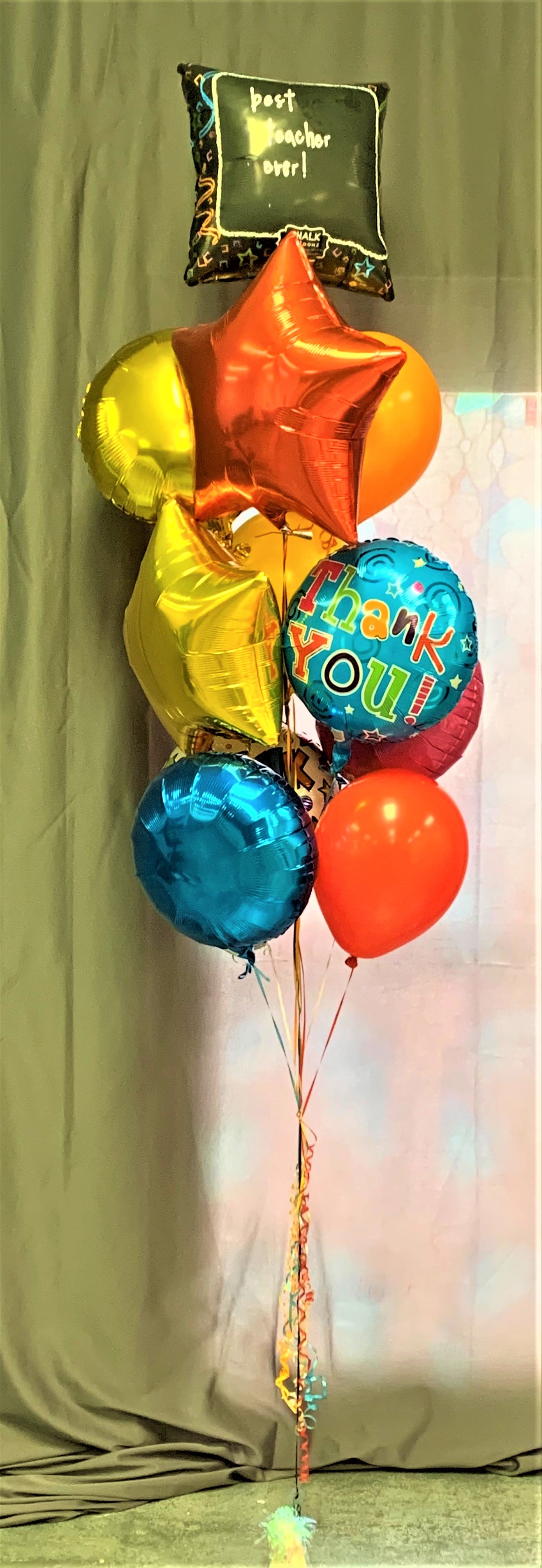 balloon bouquet with teacher appreciation and thank you messages on foil and chalk balloon, star shape foil mylar and round balloons