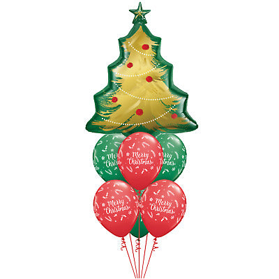 A bouquet of Christmas-themed balloons featuring a large green tree-shaped balloon, with red and green balloons that have 'Merry Christmas' printed on them.