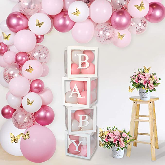 Baby Shower balloon garland shades of pink for baby girl with balloon block boxes, pink and white balloons inside with baby girl in white printed on outside