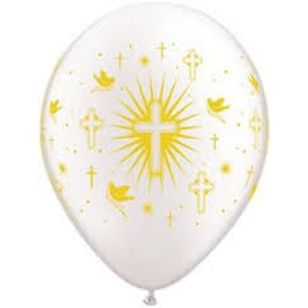 white balloons printed with cross and doves in gold
