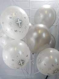 Inflated white balloons with cross and doves printed in silver